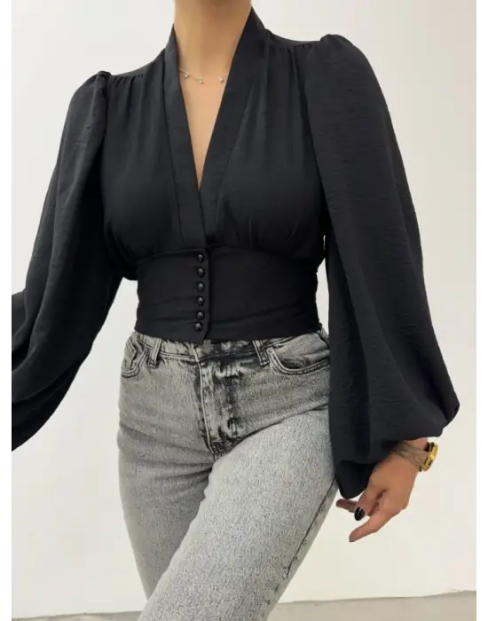 Düğmeli Arkası Lastikli Balon Kol Sandy Crop -Siyah