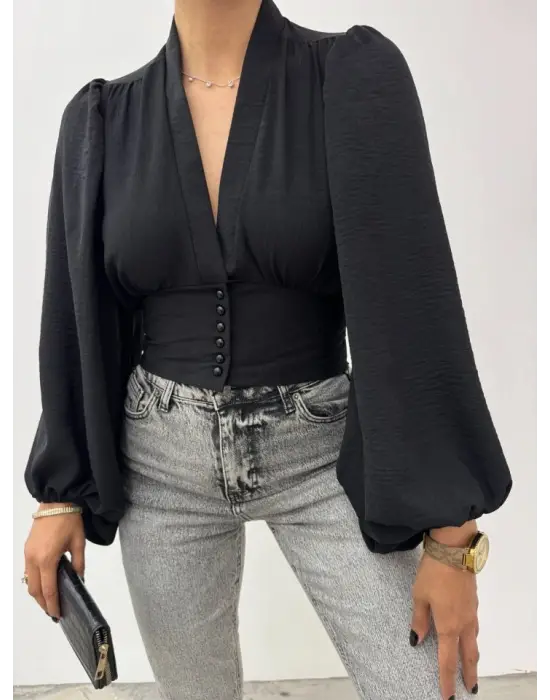 Düğmeli Arkası Lastikli Balon Kol Sandy Crop -Siyah