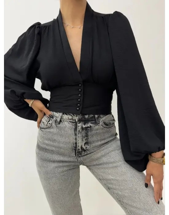 Siyah Düğmeli Arkası Lastikli Balon Kol Crop Kadın Giyim