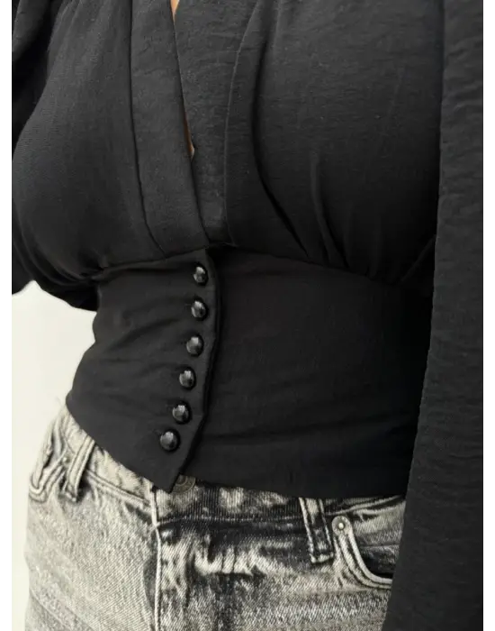 Siyah Düğmeli Arkası Lastikli Balon Kol Crop Kadın Giyim