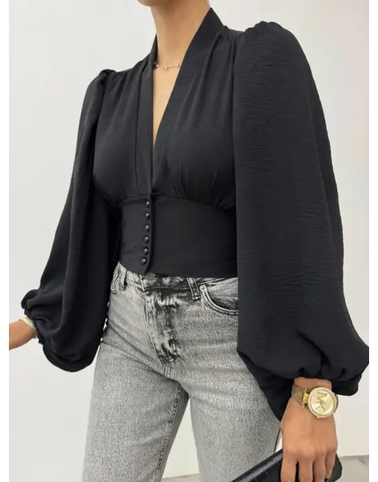 Siyah Düğmeli Arkası Lastikli Balon Kol Crop Kadın Giyim