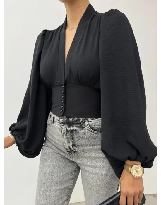 Omarı Siyah Crop Bluz - Arkası Lastikli, Düğmeli Sandy Kesim