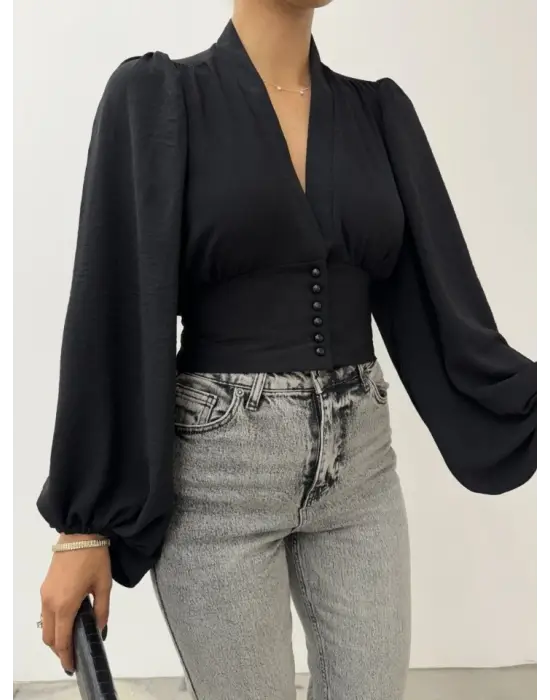 Düğmeli Arkası Lastikli Balon Kol Sandy Crop -Siyah