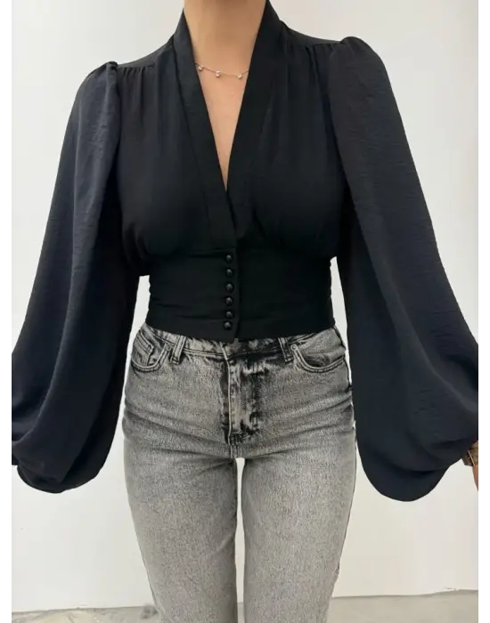 Düğmeli Arkası Lastikli Balon Kol Sandy Crop -Siyah