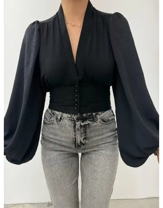 Omarı Siyah Crop Bluz - Arkası Lastikli, Düğmeli Sandy Kesim