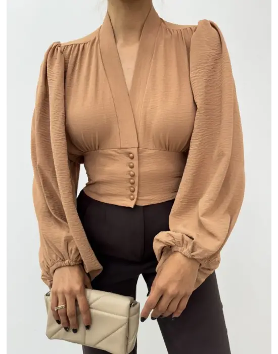 Omarı Hafif Kumaşlı Vizon Crop Bluz