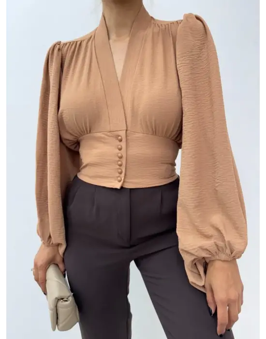 Omarı Hafif Kumaşlı Vizon Crop Bluz