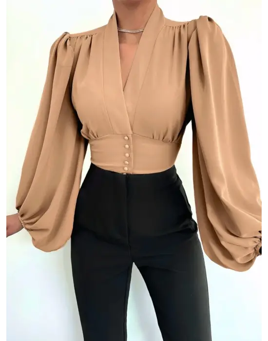 Omarı Hafif Kumaşlı Vizon Crop Bluz