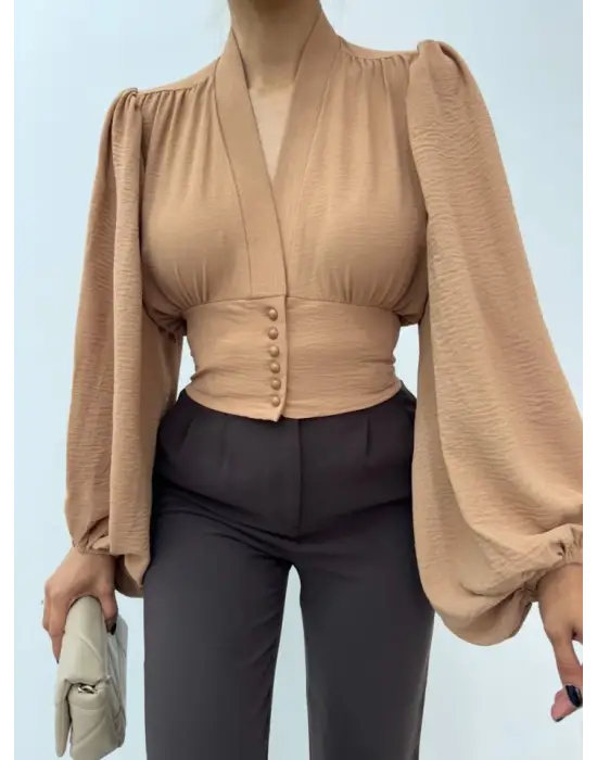 Omarı Hafif Kumaşlı Vizon Crop Bluz