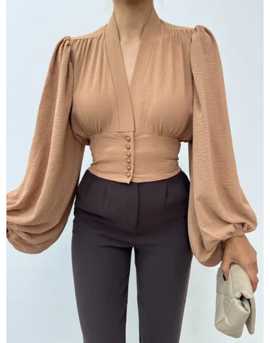 Omarı Hafif Kumaşlı Vizon Crop Bluz