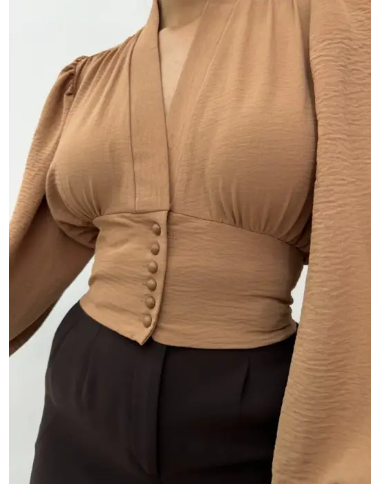 Omarı Hafif Kumaşlı Vizon Crop Bluz