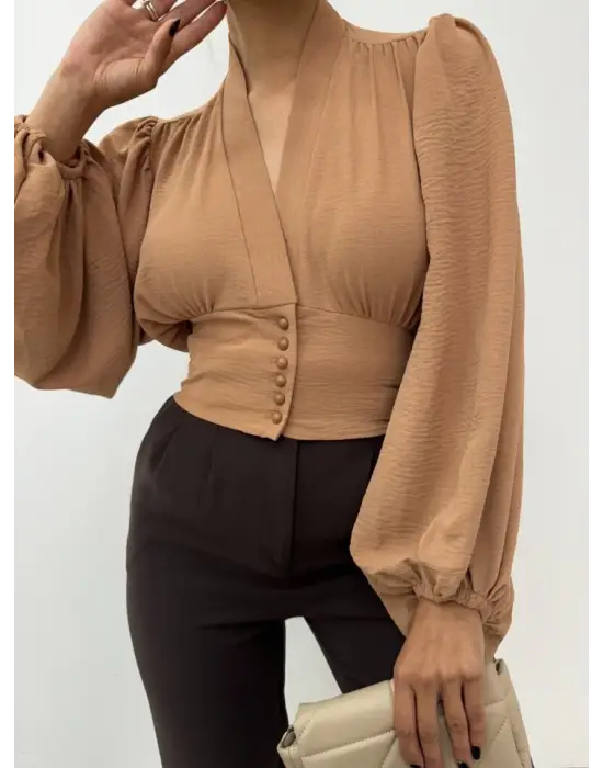 Omarı Hafif Kumaşlı Vizon Crop Bluz