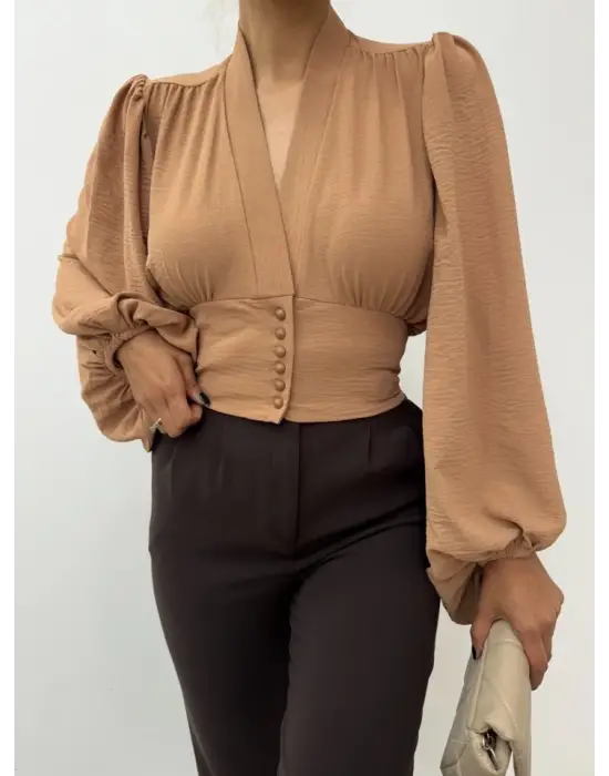 Omarı Hafif Kumaşlı Vizon Crop Bluz