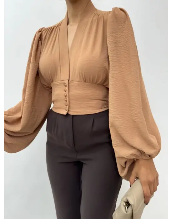 Omarı Hafif Kumaşlı Vizon Crop Bluz