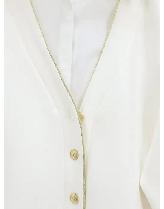 Beyaz Düğmeli Biyeli Hırka Kadın Giyim