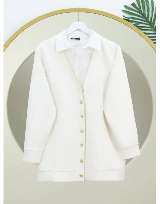 Düğmeli Biyeli   Hırka -Beyaz