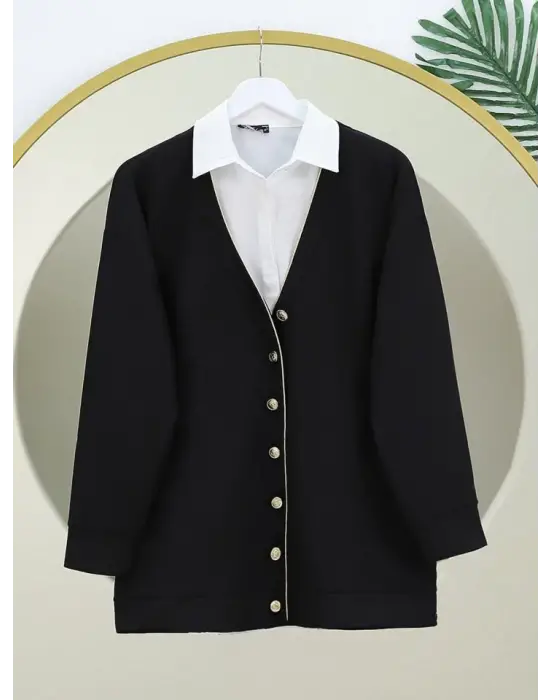 Omarı Siyah Biyeli Düğmeli Hırka Modası