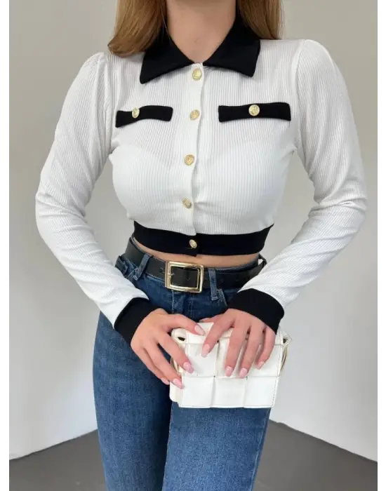 Omarı Modern Düğmeli Crop Hırka - Beyaz