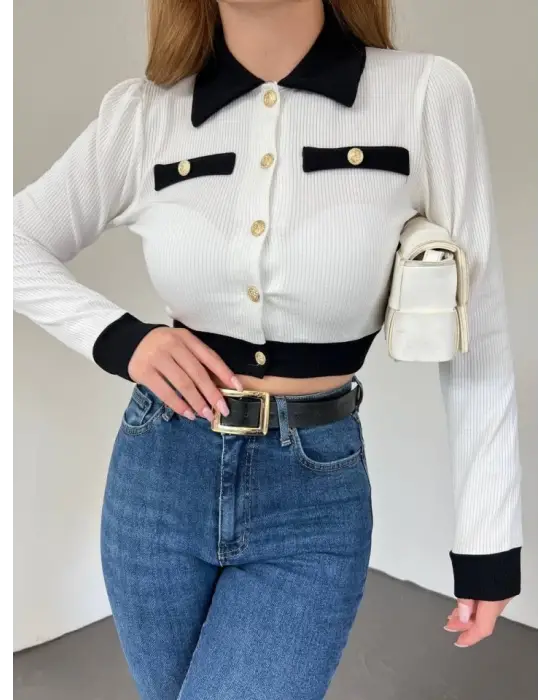 Omarı Modern Düğmeli Crop Hırka - Beyaz