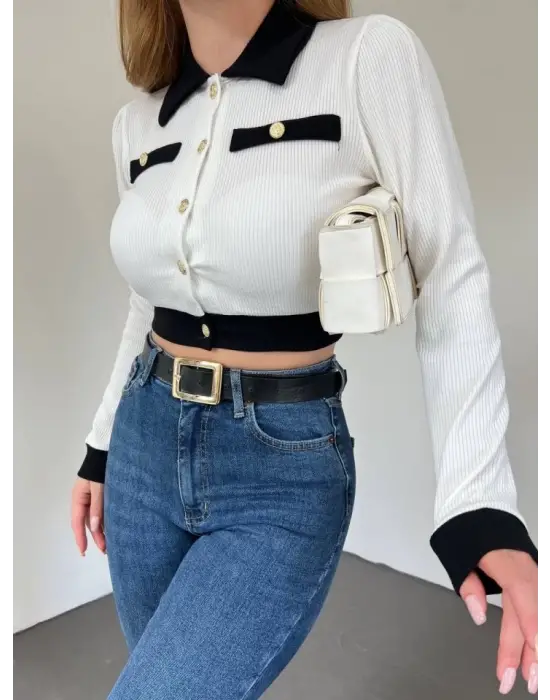 Omarı Modern Düğmeli Crop Hırka - Beyaz