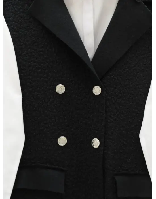 Düğmeli Çift Cepli Buklet Yelek -Siyah