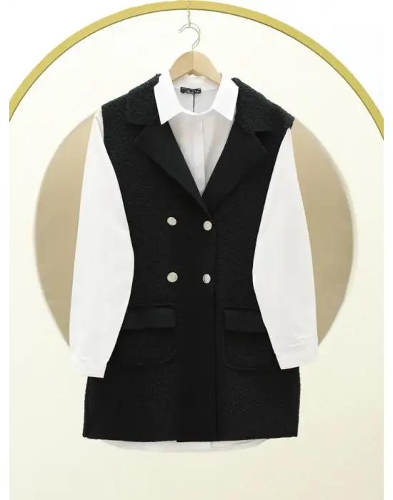 Düğmeli Çift Cepli Buklet Yelek -Siyah