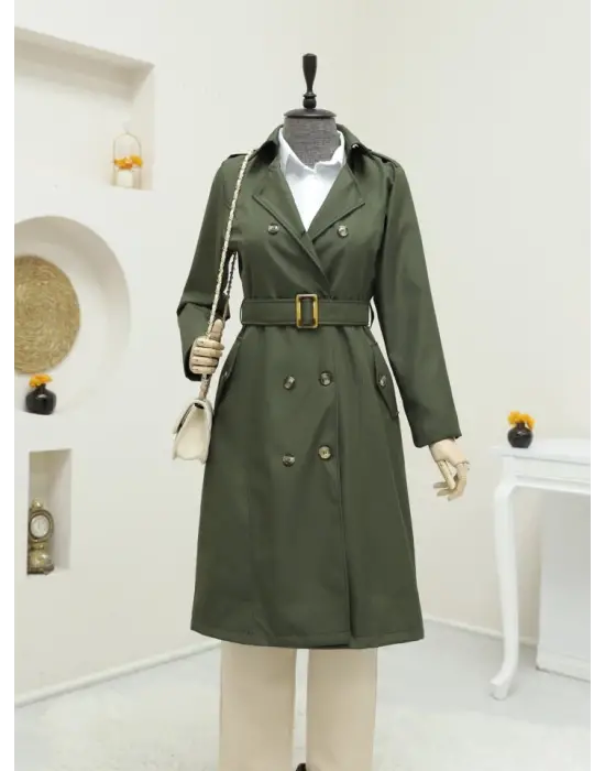 Düğmeli Kemerli Ara Boy Trençkot -Haki