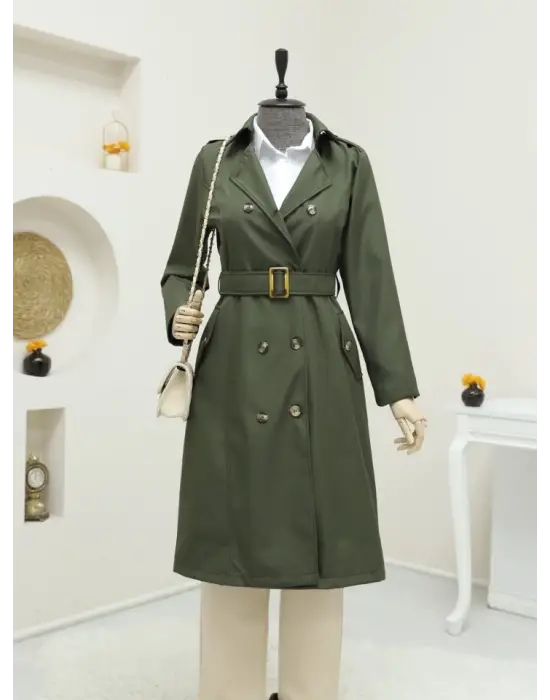 Omarı Haki Renkli Düğme Detaylı Ara Boy Trençkot