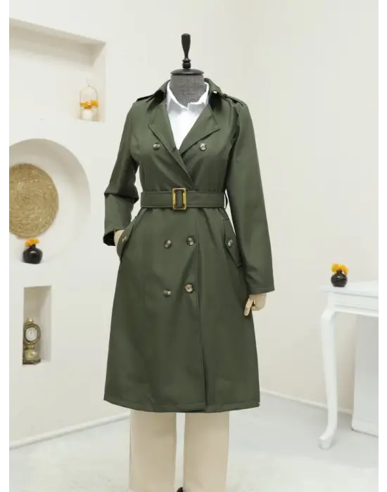 Omarı Haki Renkli Düğme Detaylı Ara Boy Trençkot