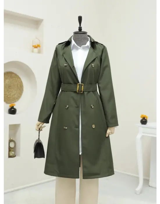 Düğmeli Kemerli Ara Boy Trençkot -Haki