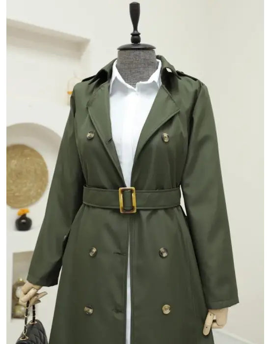 Düğmeli Kemerli Ara Boy Trençkot -Haki