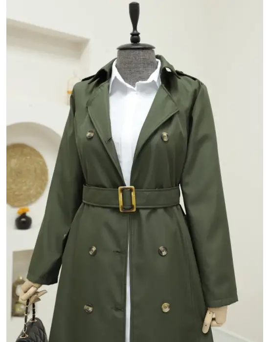 Omarı Haki Renkli Düğme Detaylı Ara Boy Trençkot