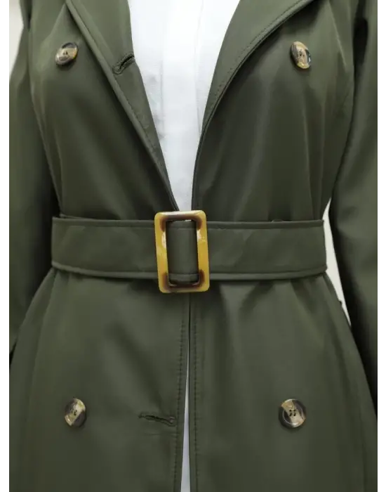 Omarı Haki Renkli Düğme Detaylı Ara Boy Trençkot