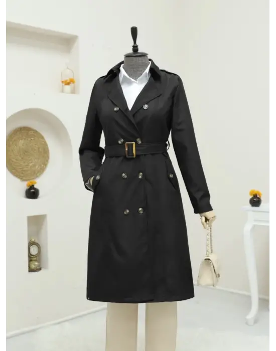 Omarı Siyah Düğmeli Ara Boy Trençkot