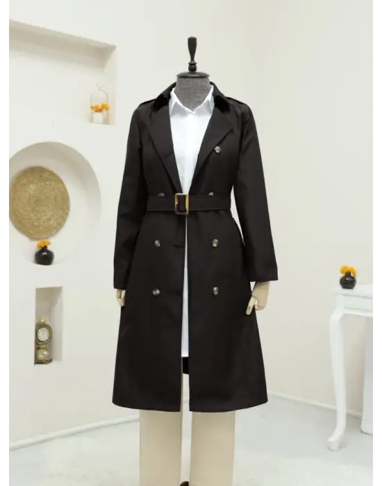 Omarı Siyah Düğmeli Ara Boy Trençkot