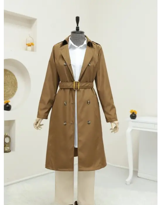 Düğmeli Kemerli Ara Boy Trençkot -Taba