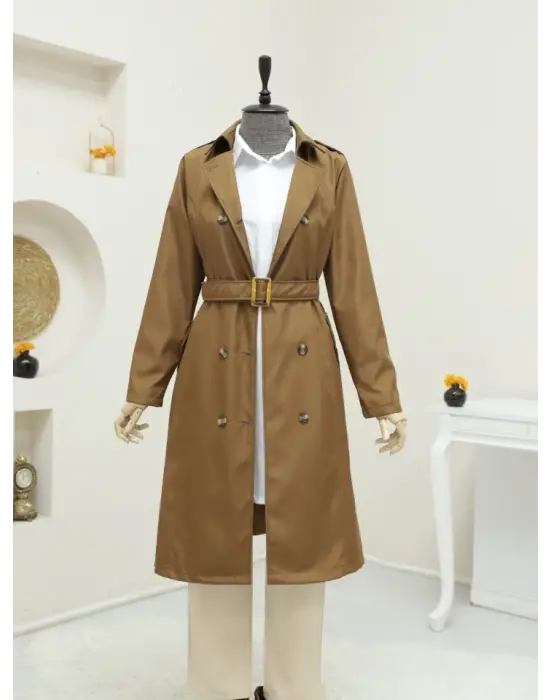 Omarı Şık Düğmeli Ara Boy Trençkot -Taba