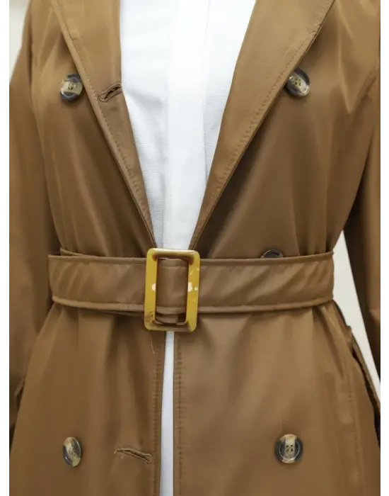 Omarı Şık Düğmeli Ara Boy Trençkot -Taba