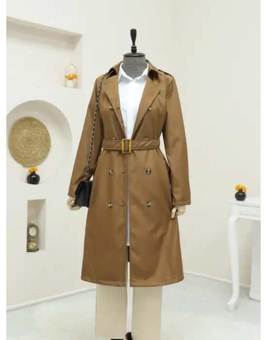 Düğmeli Kemerli Ara Boy Trençkot -Taba