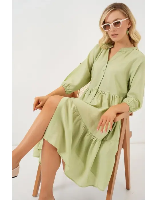 Düğmeli Kısa Kol Elbise 2559 - E.Yeşil