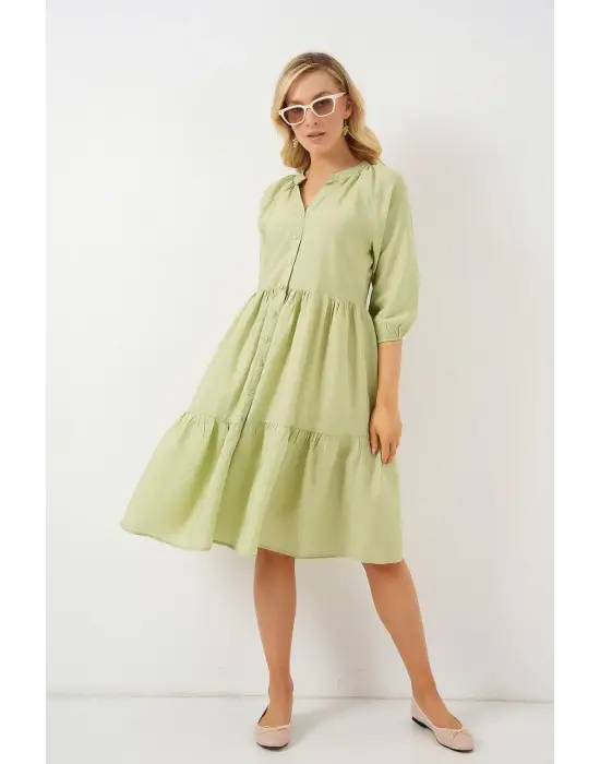 Düğmeli Kısa Kol Elbise 2559 - E.Yeşil