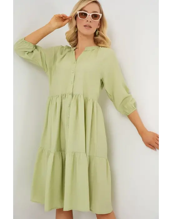 Düğmeli Kısa Kol Elbise 2559 - E.Yeşil