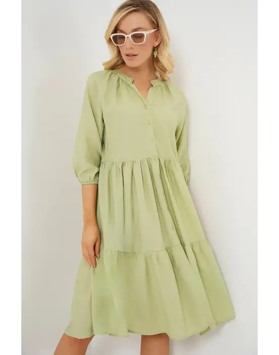 Düğmeli Kısa Kol Elbise 2559 - E.Yeşil