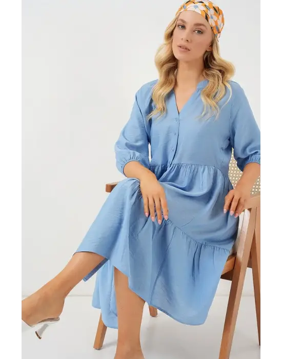 Düğmeli Kısa Kol Elbise 2559 - İndigo