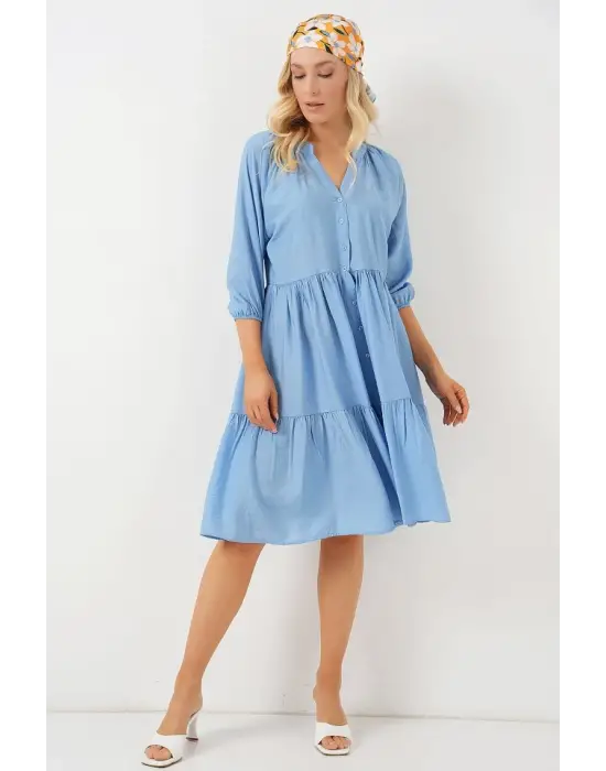 Düğmeli Kısa Kol Elbise 2559 - İndigo