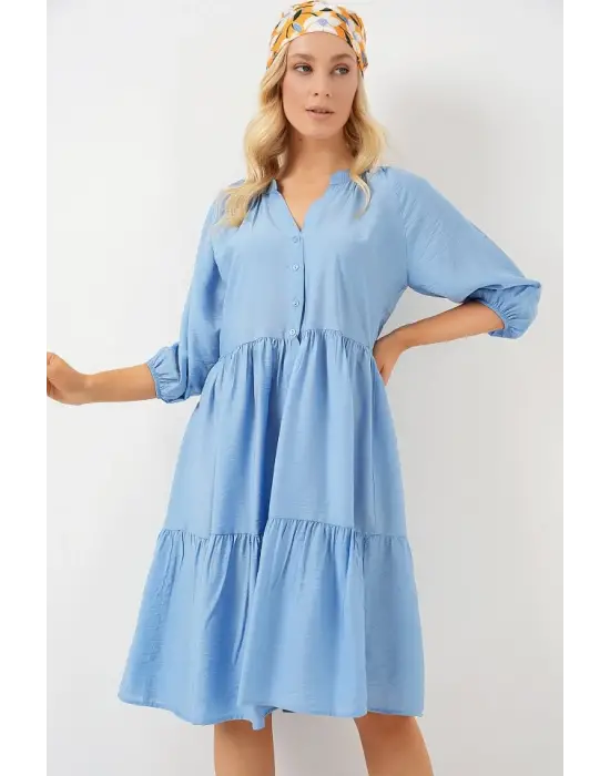 Düğmeli Kısa Kol Elbise 2559 - İndigo