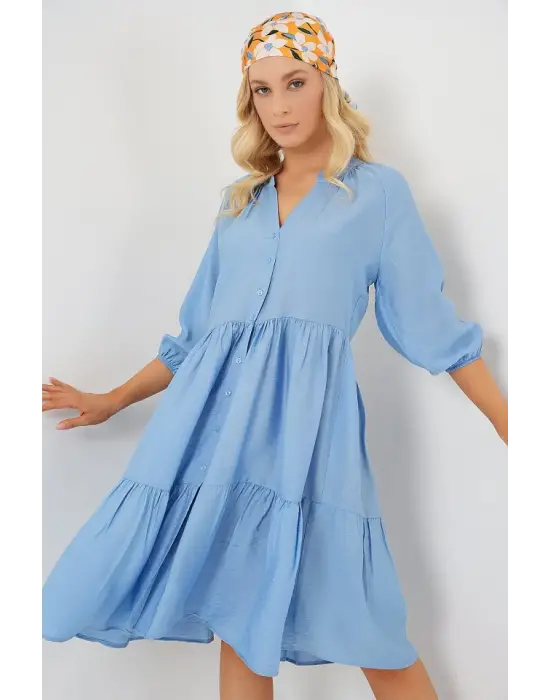 Düğmeli Kısa Kol Elbise 2559 - İndigo