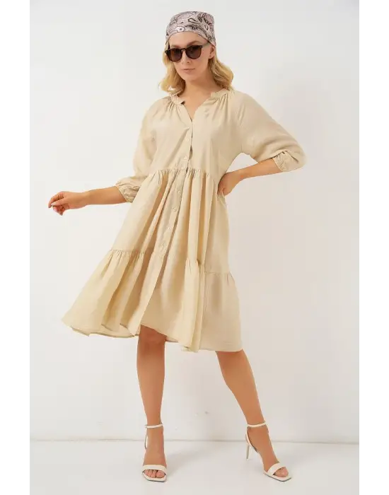 Düğmeli Kısa Kol Elbise 2559 - Krem
