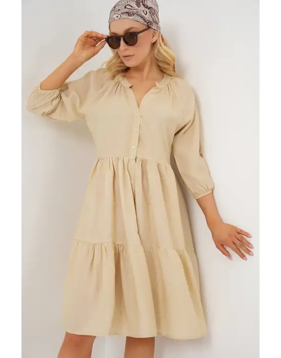 Düğmeli Kısa Kol Elbise 2559 - Krem