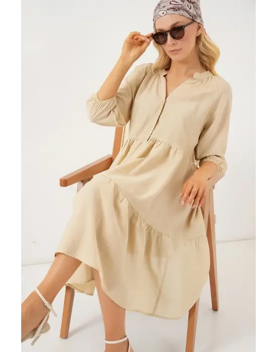 Düğmeli Kısa Kol Elbise 2559 - Krem